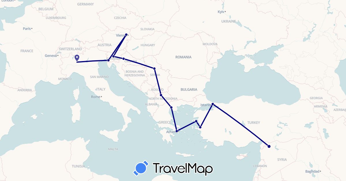 TravelMap itinerary: driving in Austria, Greece, Croatia, Italy, Macedonia, Serbia, Slovenia, Syria, Turkey (Asia, Europe)